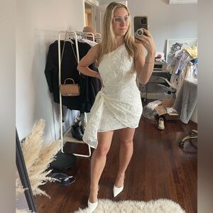 Showpo Brailey one shoulder wrap front mini dress in white jacquard